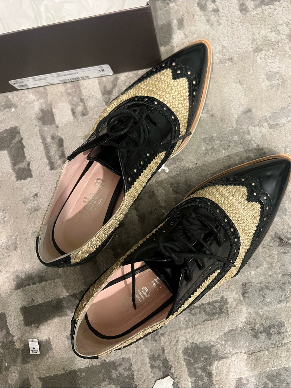 Italian Woven Straw and Black Patent Lace-Up Women's Brogue Boots